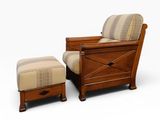 an image of a wooden chair and ottoman with a striped upholstered seat
