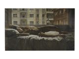 un tableau représentant un chien allongé sur un lit devant une fenêtre