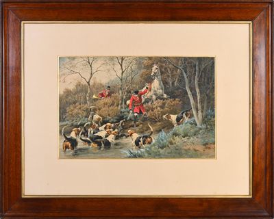 tableau représentant une scène de chasse avec des chiens et des chasseurs dans une zone boisée