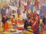 an oil painting of a crowd of people standing around a table