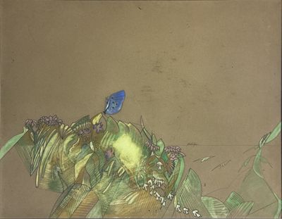un tableau représentant un oiseau bleu perché sur une plante verte