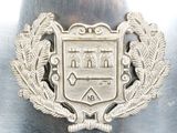 a silver vase with a coat of arms on it