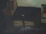 a painting of a bird that is flying over a house