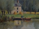 a painting of a man sitting in a boat on the water