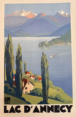 an image of a poster of a lake with mountains in the background