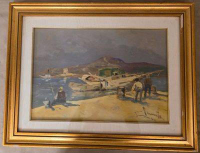 Auprès des bateaux - Huile sur panneau - Signé en bas à droi…