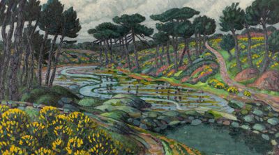 an image of a painting of a stream running through a lush green forest
