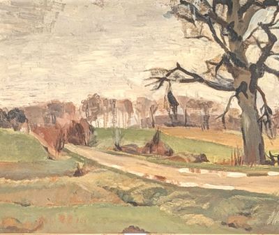a painting of a tree in the middle of a field