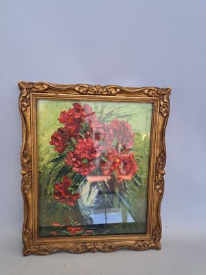une photo d'un tableau représentant des fleurs rouges dans un vase