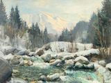 a painting of a mountain with a river in the foreground
