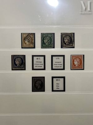 many different stamps on the wall in this room