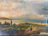 an old painting of a woman walking down a dirt road near a body of water