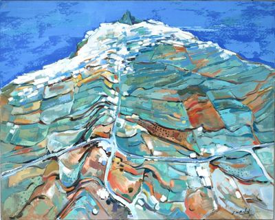 painting of a painting of a mountain with a sky background
