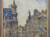 an image of a painting of a city with a clock tower in the background