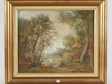 an oil painting of a wooded landscape with a river in the foreground