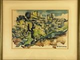 l'image d'un tableau représentant un paysage avec un château en arrière-plan