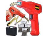 a red hot glue gun and some other tools on a white background