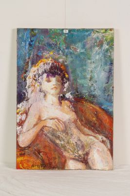 une peinture à l'huile représentant une femme assise sur un canapé