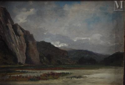 une peinture à l'huile représentant une scène de montagne avec une rivière au premier plan