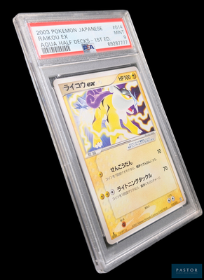 La carte Pokémon se trouve dans un étui en plastique transparent sur fond noir.