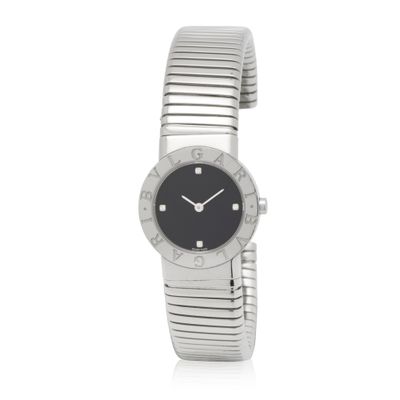 an image of a lady ' s wrist watch with a black dial