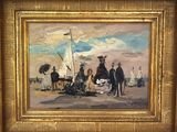tableau représentant un groupe de personnes sur une plage, avec un voilier en arrière-plan