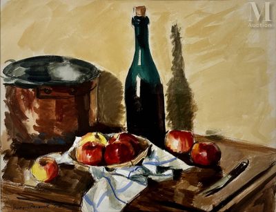 une peinture représentant des pommes posées sur une table à côté d'une bouteille de vin
