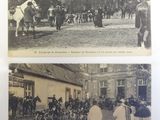 two old black and white photos of people and horses in a town