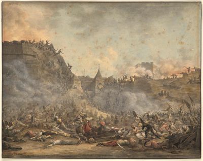 un vieux tableau représentant une bataille, avec un château en arrière-plan