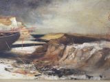 a painting of two boats on a beach next to a cliff