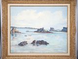 an oil painting of a beach scene with a castle in the distance