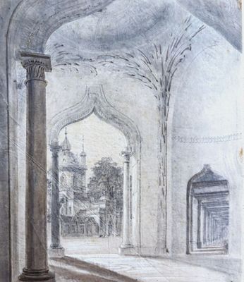 dessin représentant la vue d'un bâtiment à travers une arcade