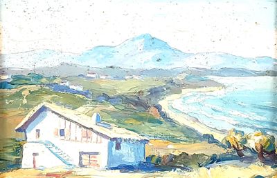 a painting of a house on a hill overlooking the ocean