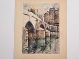 painting of a bridge over a body of water with buildings in the background