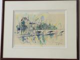 painting of a painting of a bridge over a body of water