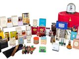 a red suitcase with many different items in it