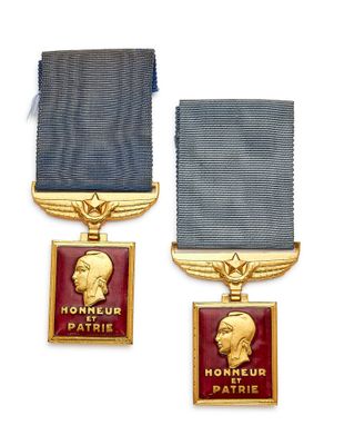 Deux médailles et une médaille sont exposées sur un support blanc