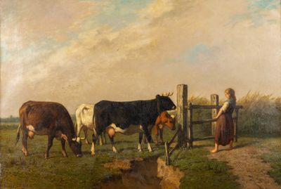 un tableau représentant une femme s'occupant de vaches dans un champ