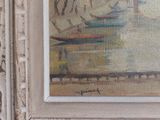 an oil painting of a bridge over a river with a boat in the water