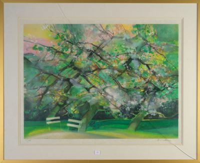 a painting of a tree in a park with a bench