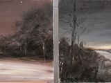 trois tableaux représentant une route et des arbres par temps de neige