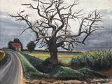 une peinture à l'huile représentant un arbre dénudé sur une route de campagne, avec une grange au loin
