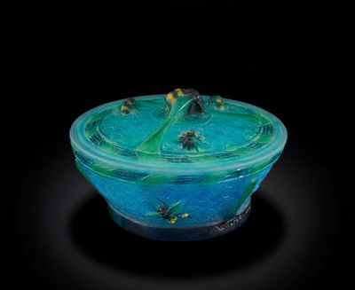 bol en verre bleu et vert contenant des insectes, sur fond noir