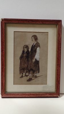 tableau représentant une femme et un enfant debout devant un mur blanc