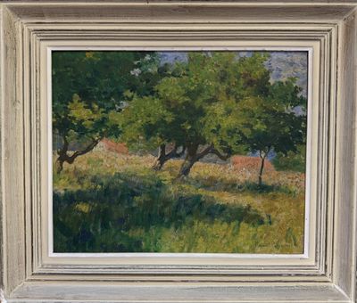 an oil painting of a field with trees and a house in the distance