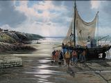 a painting of a group of horses pulling a boat on the beach
