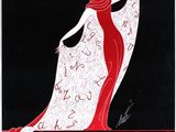 a black and red poster with a woman in a red dress