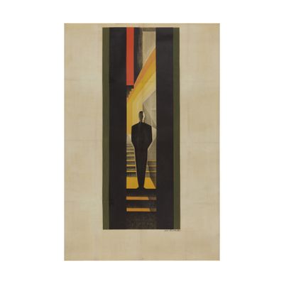 a painting of a man standing in front of a doorway