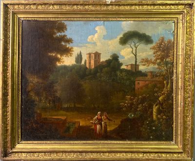 tableau représentant un homme et une femme dans un paysage avec un château en arrière-plan