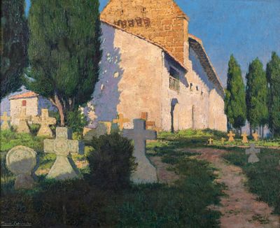 an image of a painting of a church in a cemetery